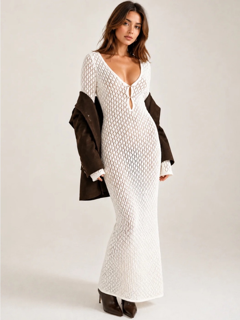 Commense White Knit Maxi Dress with Keyhole Detail Small